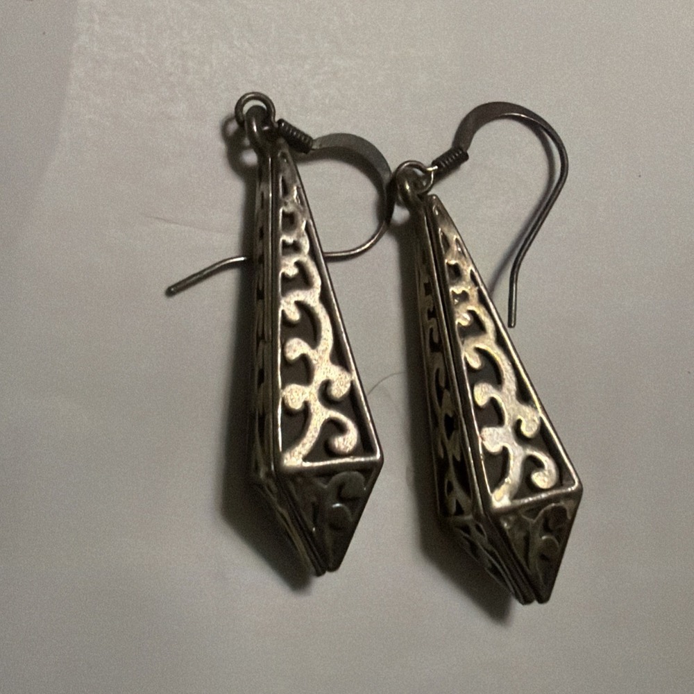 Long Filigree 4 Sided 925 Sterling Silver Long Drop 3D Earrings
